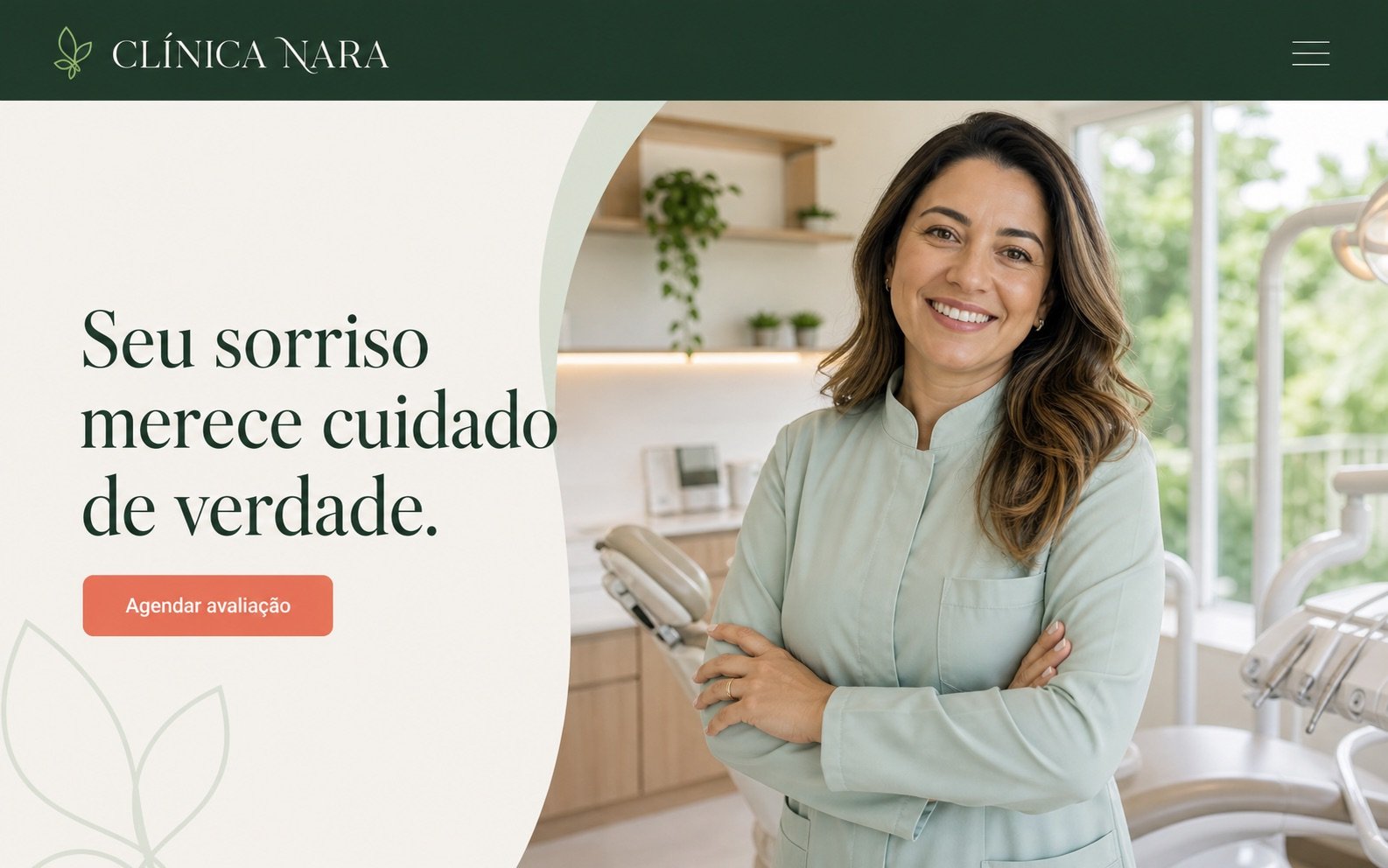 Hero conceitual do site Clínica Nara, com dentista em consultório e chamada para agendar uma avaliação