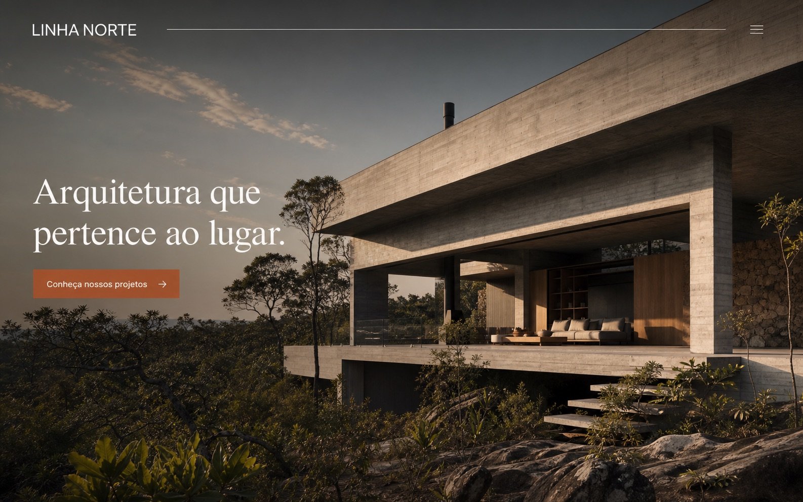 Hero conceitual do site Linha Norte, com residência contemporânea e chamada sobre arquitetura ligada ao lugar