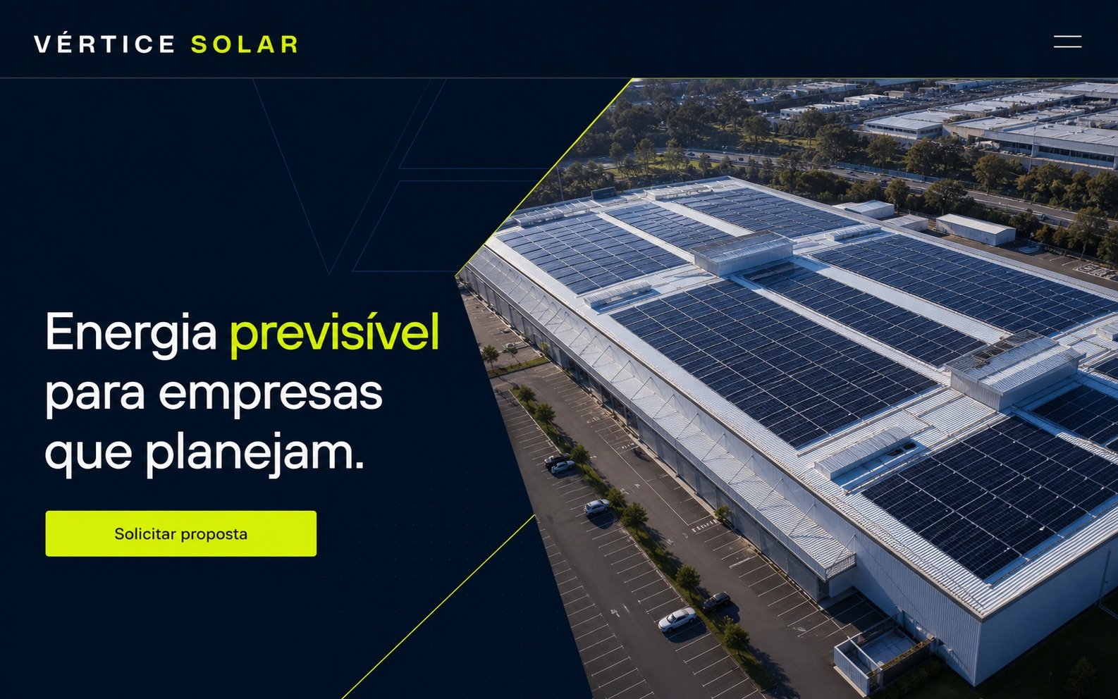 Hero conceitual do site Vértice Solar, com instalação fotovoltaica empresarial e chamada para solicitar proposta